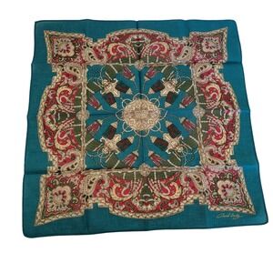 French Country Teal Blue Paisley Floral Square Scarf Handkerchief 16x16